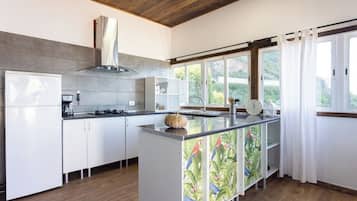 Mikroaaltouuni, liesi, kahvin-/teenkeitin, syöttötuoli