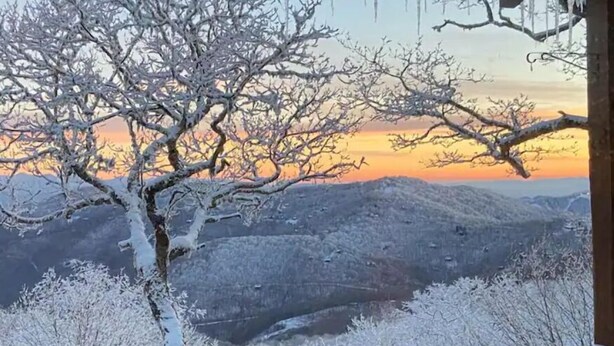 Aussicht auf eine verschneite Landschaft mit einem Baum im Vordergrund und einem Sonnenuntergang im Hintergrund.