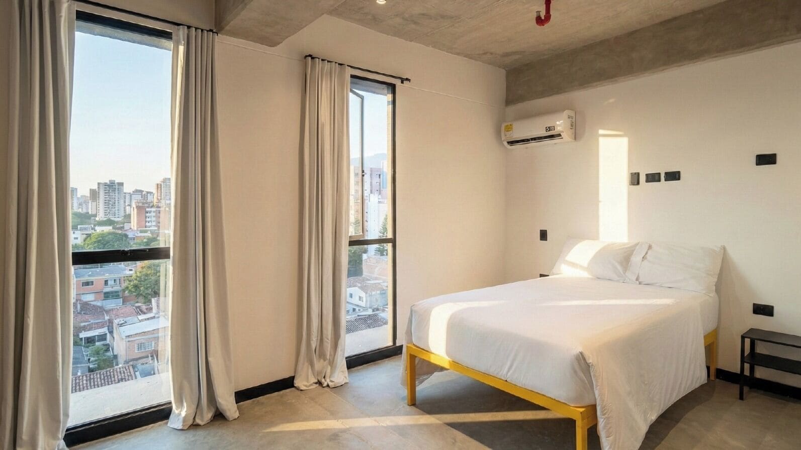 A hotel room with a bed, a window with curtains, an air conditioning unit, and a view of the cityscape.