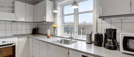 Fridge, stovetop, dishwasher, coffee/tea maker