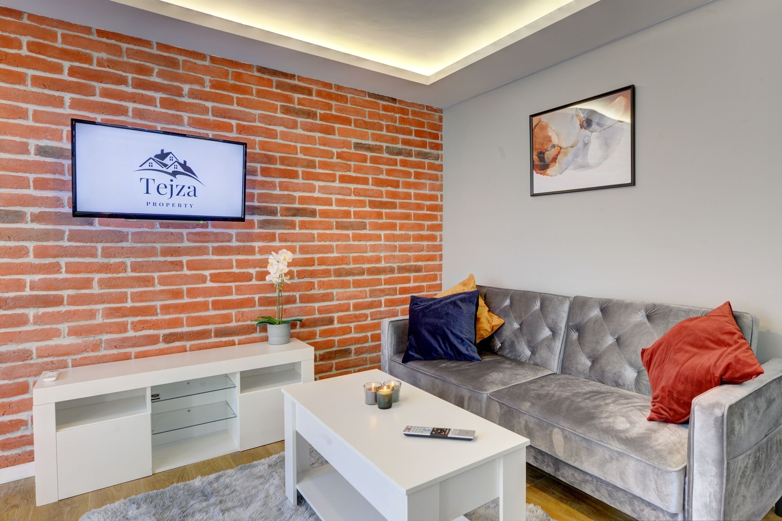 A modern living room with a brick wall, a grey sofa with cushions, a white coffee table, and a flat-screen TV displaying 'Tejza Property'.