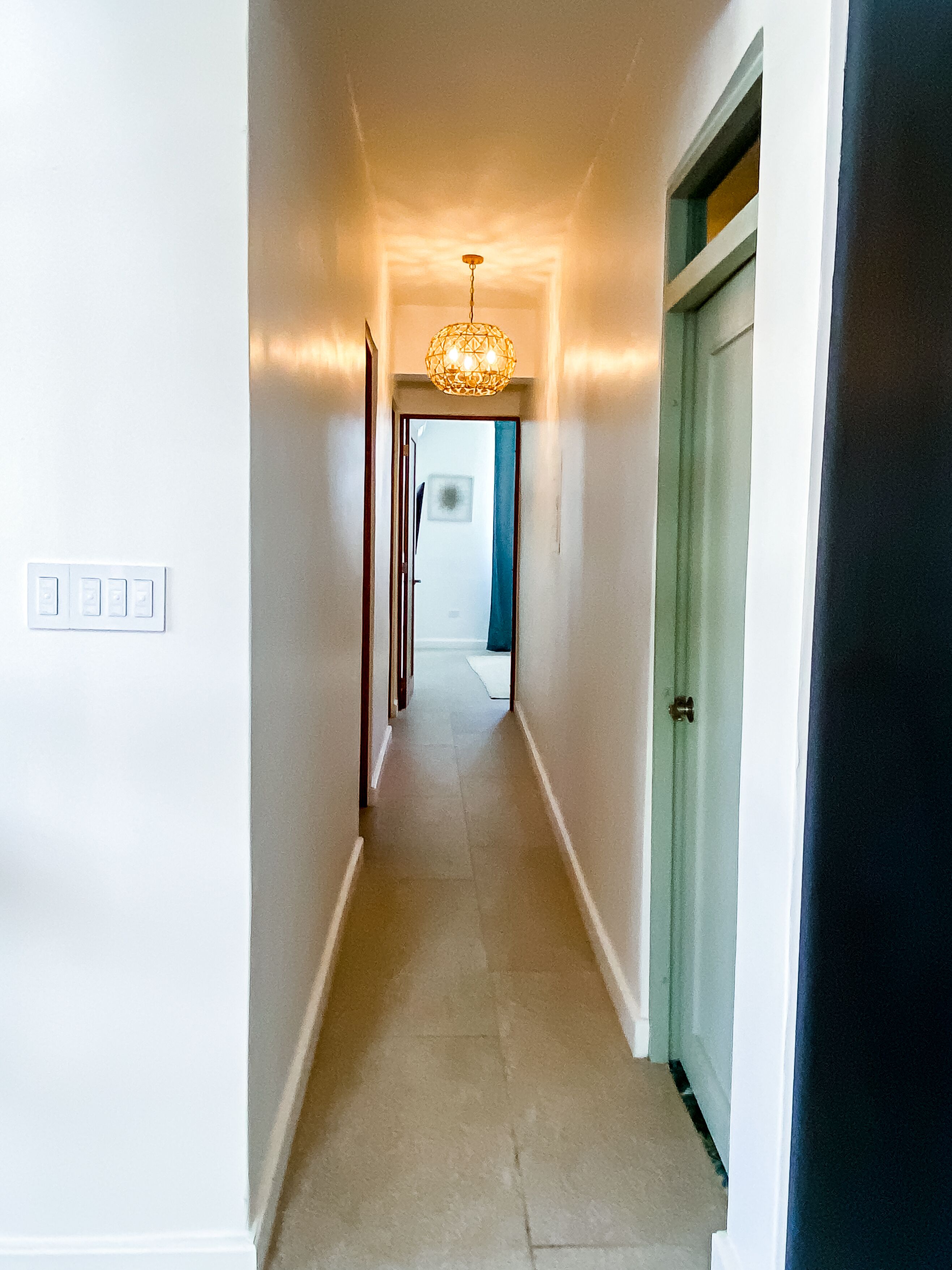 Un couloir étroit, avec un luminaire au fond, une porte sur la droite et un interrupteur sur la gauche.
