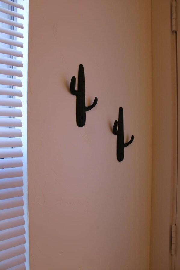 A door with two black cactus-shaped hooks on a peach-colored wall.