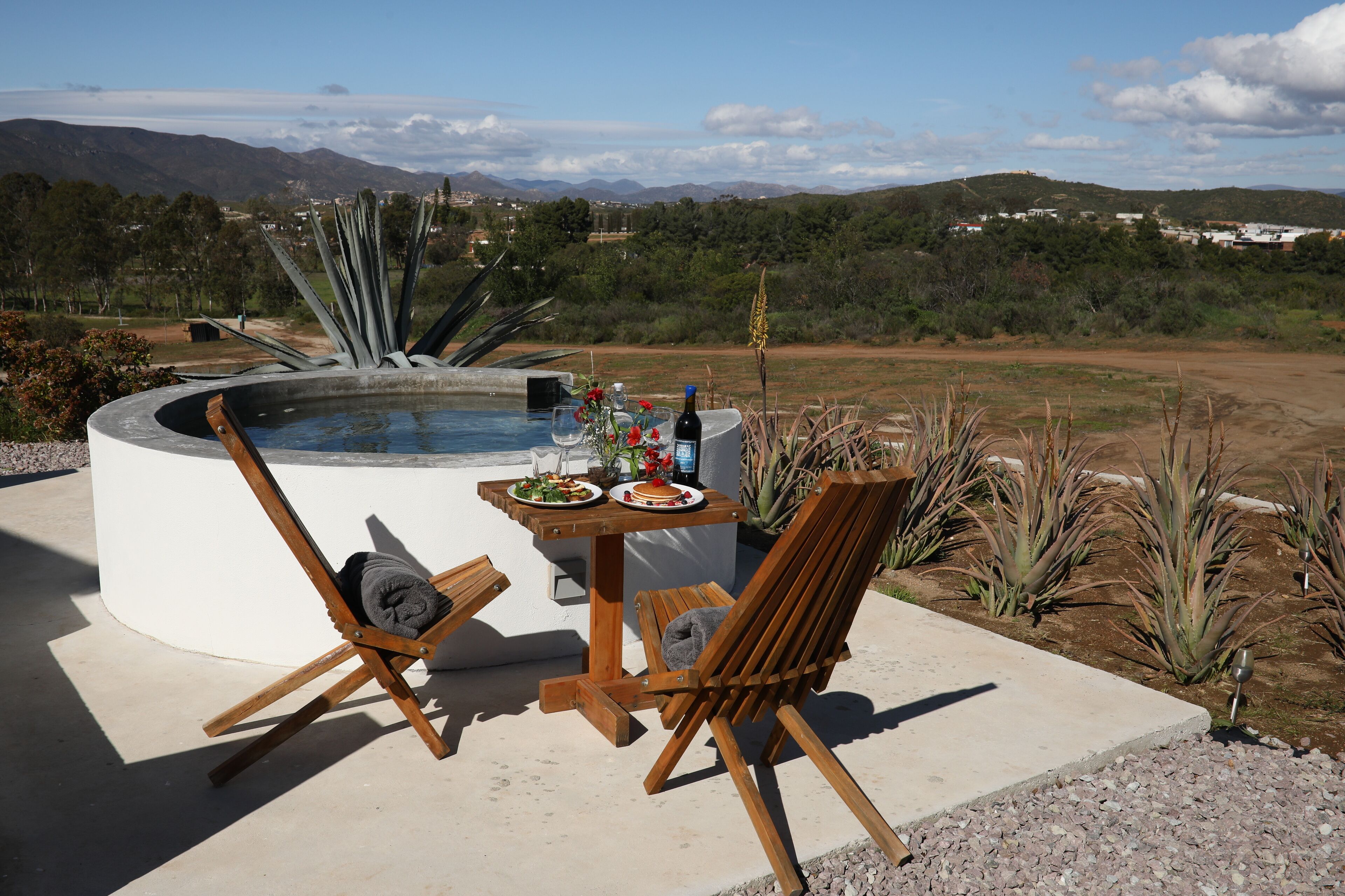 A hot tub with a table and chairs, surrounded by a garden with various plants.