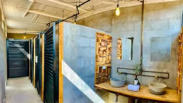 Shower, rainfall showerhead, hair dryer, towels