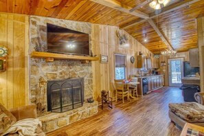 Smart TV, fireplace, books