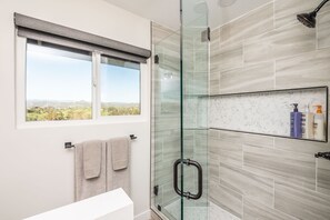 Shower, hair dryer, towels, soap