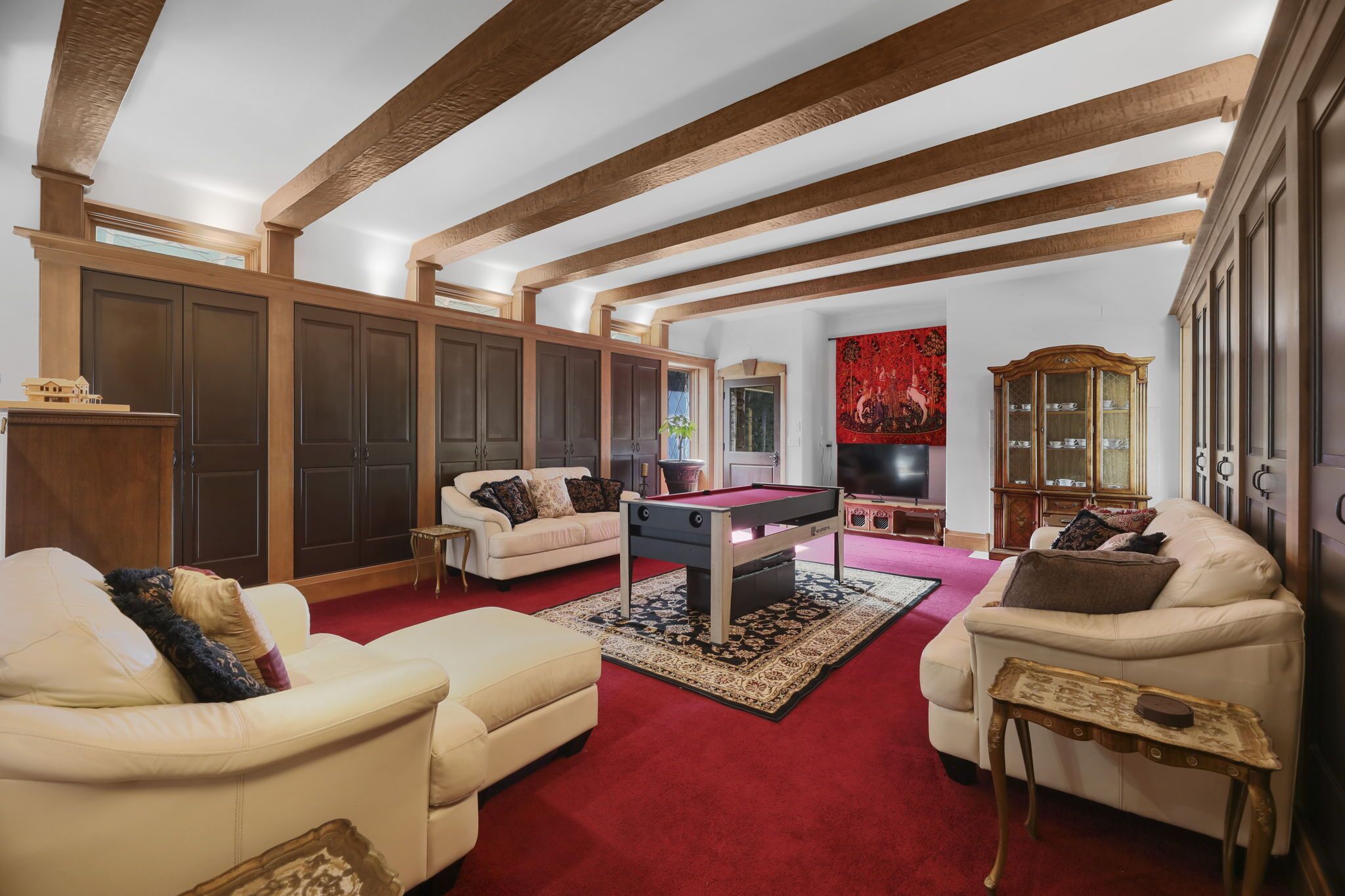 Smart-TV, Kamin, Tischtennisplatte, Bücher