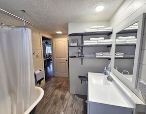 Hair dryer, towels, soap, shampoo