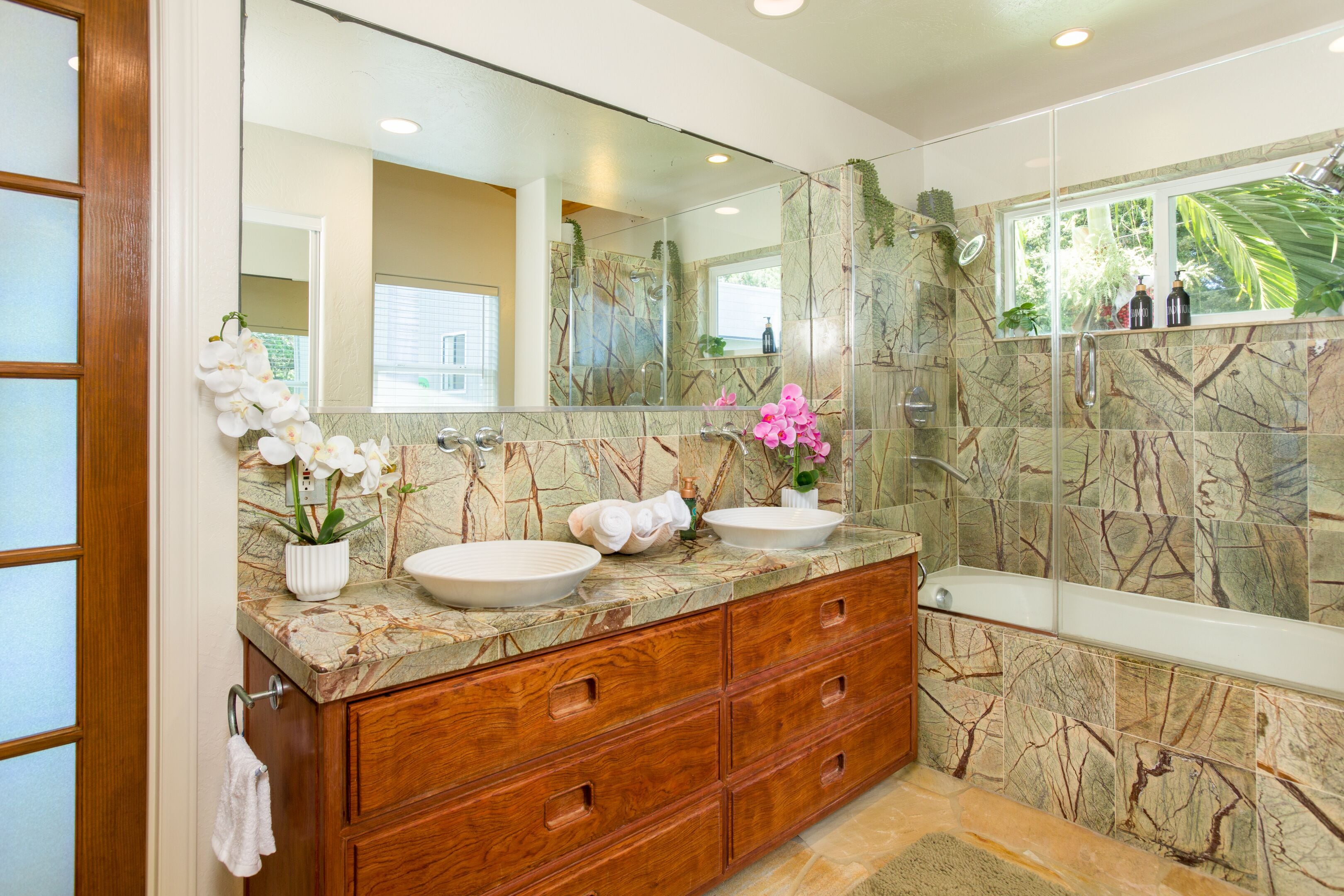 Hair dryer, bidet, towels, soap