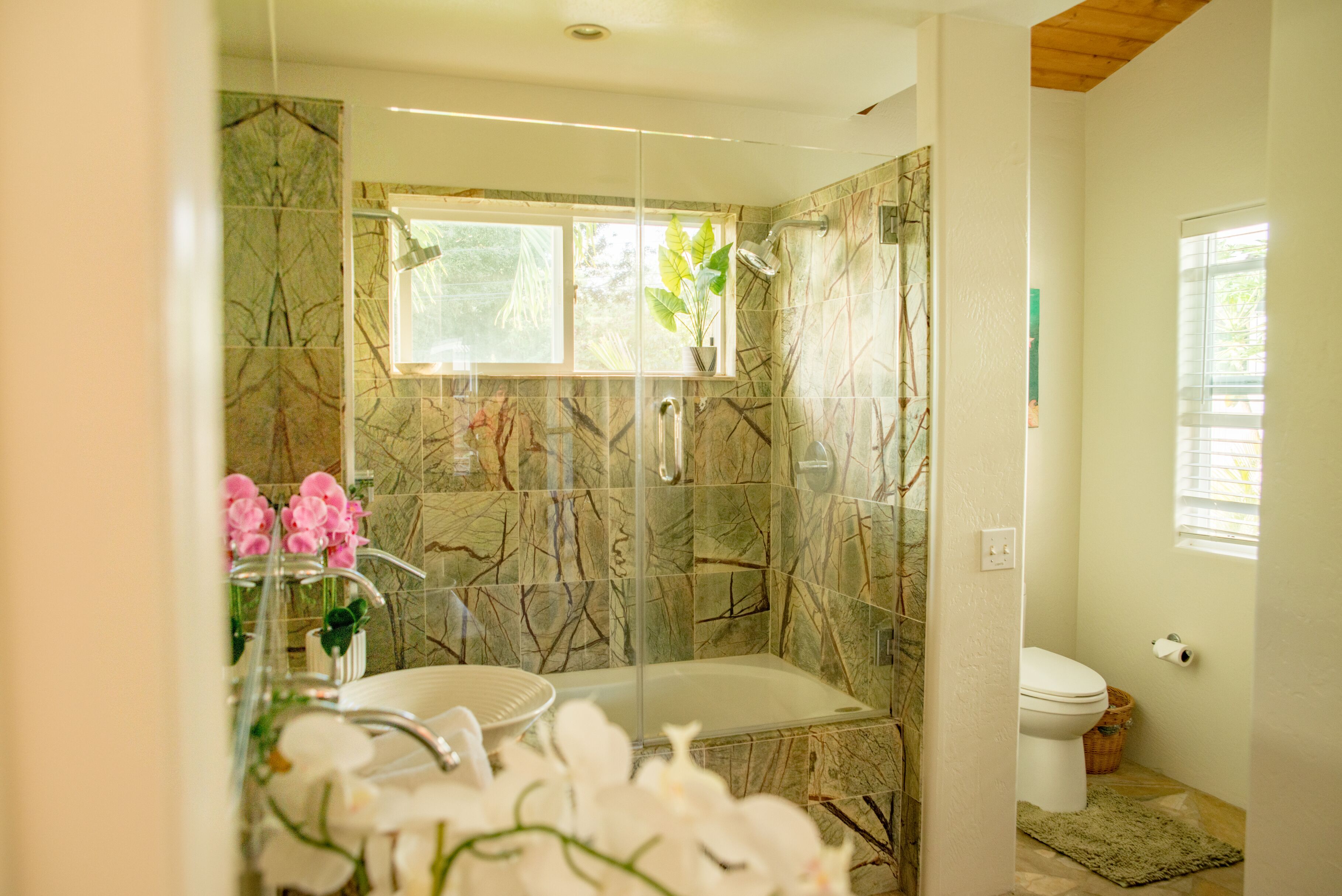 Hair dryer, bidet, towels, soap