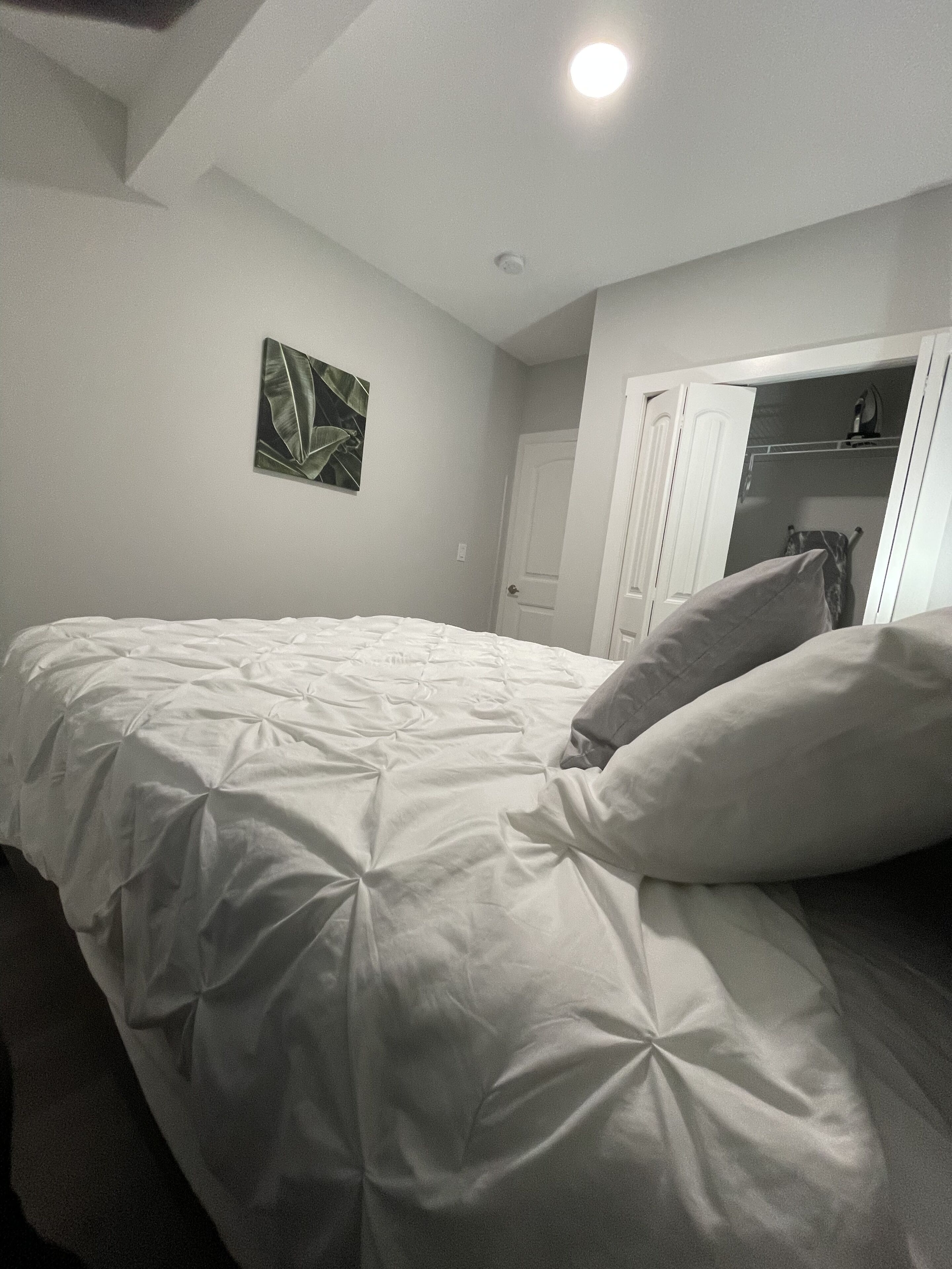 Une chambre avec un grand lit, une porte donnant sur un dressing et un luminaire au plafond.