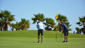 Dos personas en un campo de golf, con un mástil de bandera y palmeras al fondo.