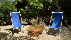 Two blue lounge chairs with metal frames, a wicker table, and a large potted plant with pink flowers.