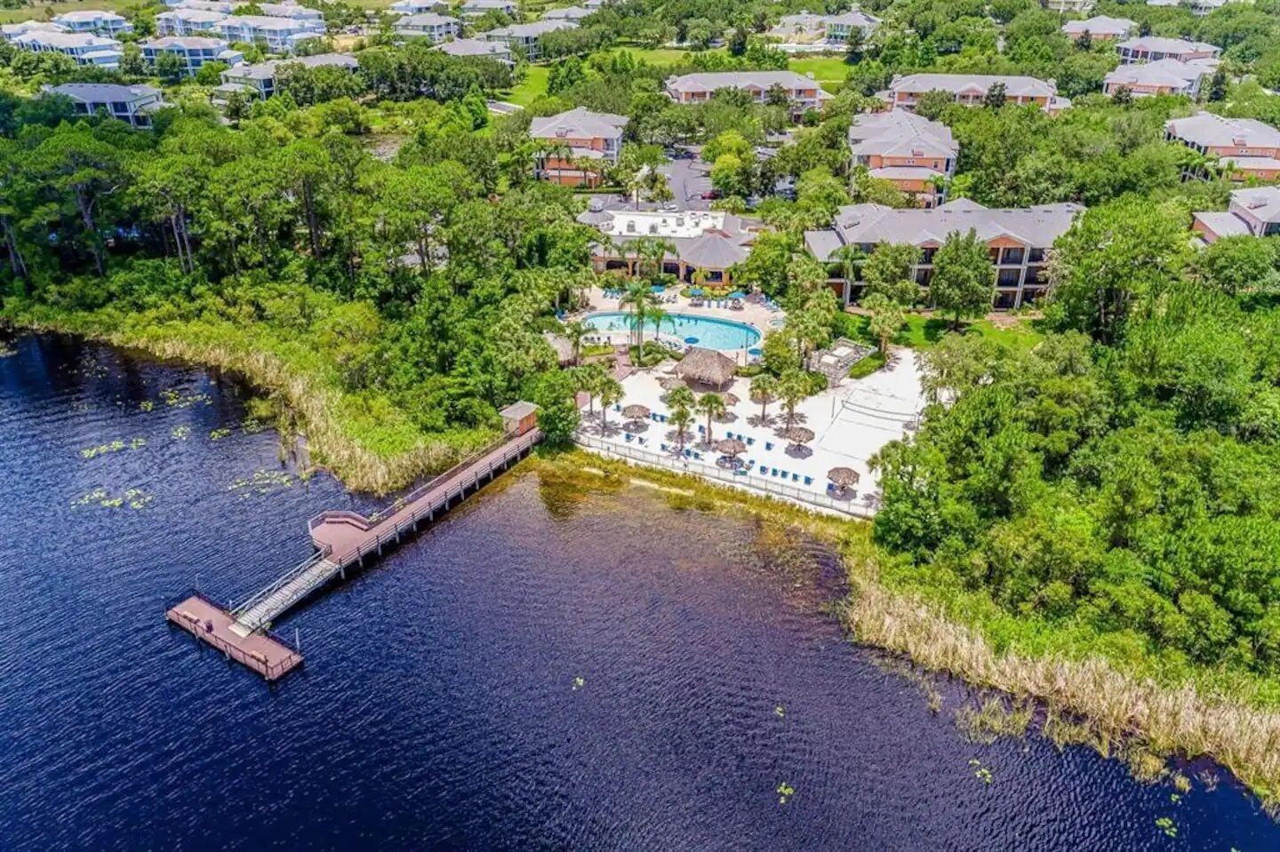 An aerial view of a resort with a swimming pool, a dock, and lush greenery.