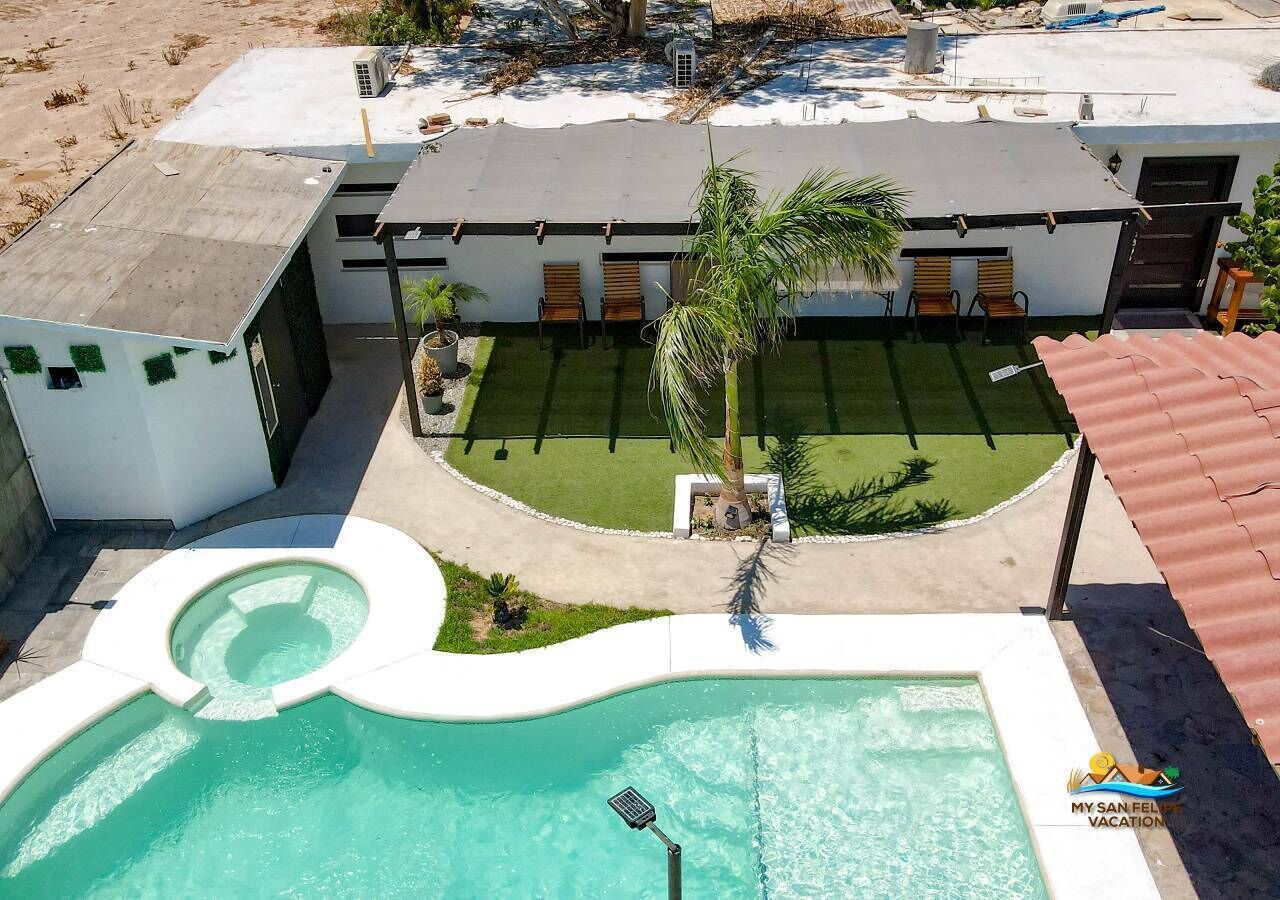 This aerial shot shows the full swimming pool layout at Casa Ashley in downtown San Felipe — see exactly how much space you and your group will have to relax.