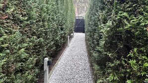 A pathway flanked by neatly trimmed hedges, leading to a wooden gate.
