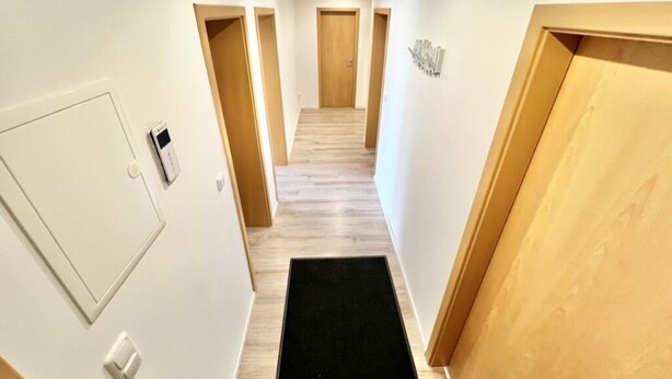 Un couloir avec des portes en bois, un paillasson noir et un interrupteur sur le mur.