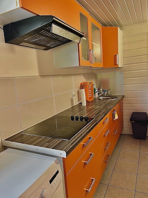 A kitchen with a stove, oven, cabinets, and a trash bin.