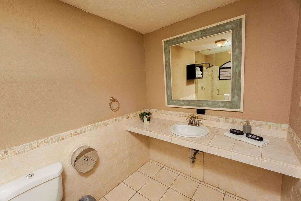 A bathroom with a toilet, sink, and mirror.