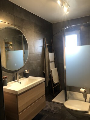 Dusche, Haartrockner, Handtücher, Toilettenpapier
