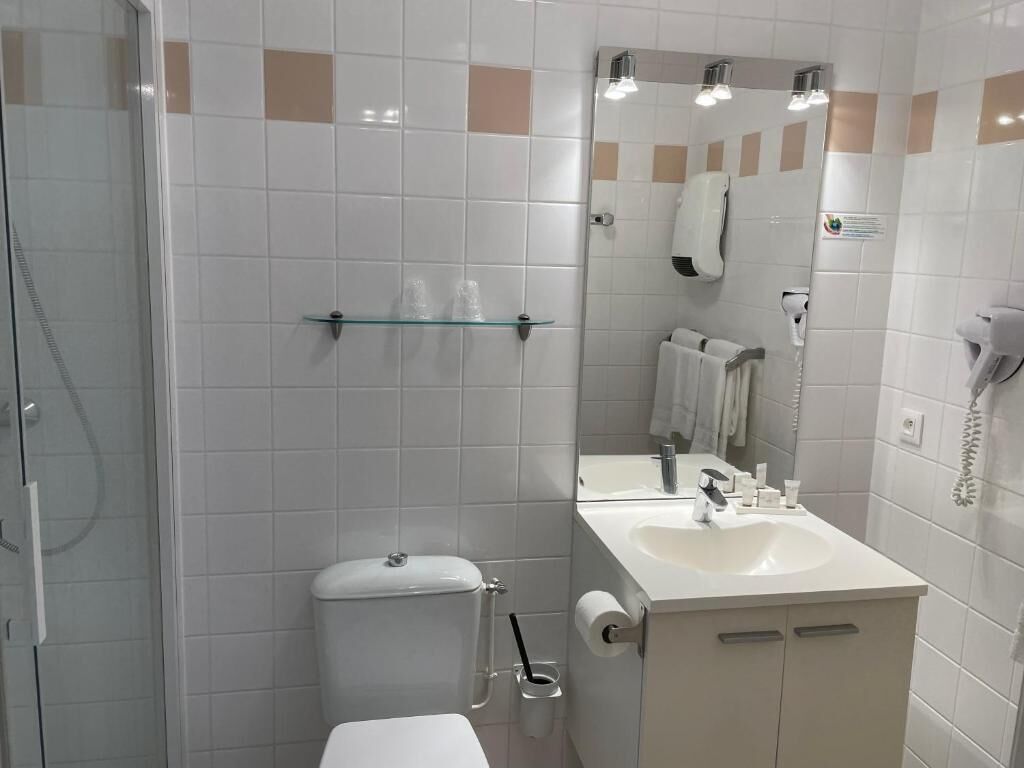A bathroom with a glass shower enclosure, a toilet, a sink with a mirror, and a towel rack.