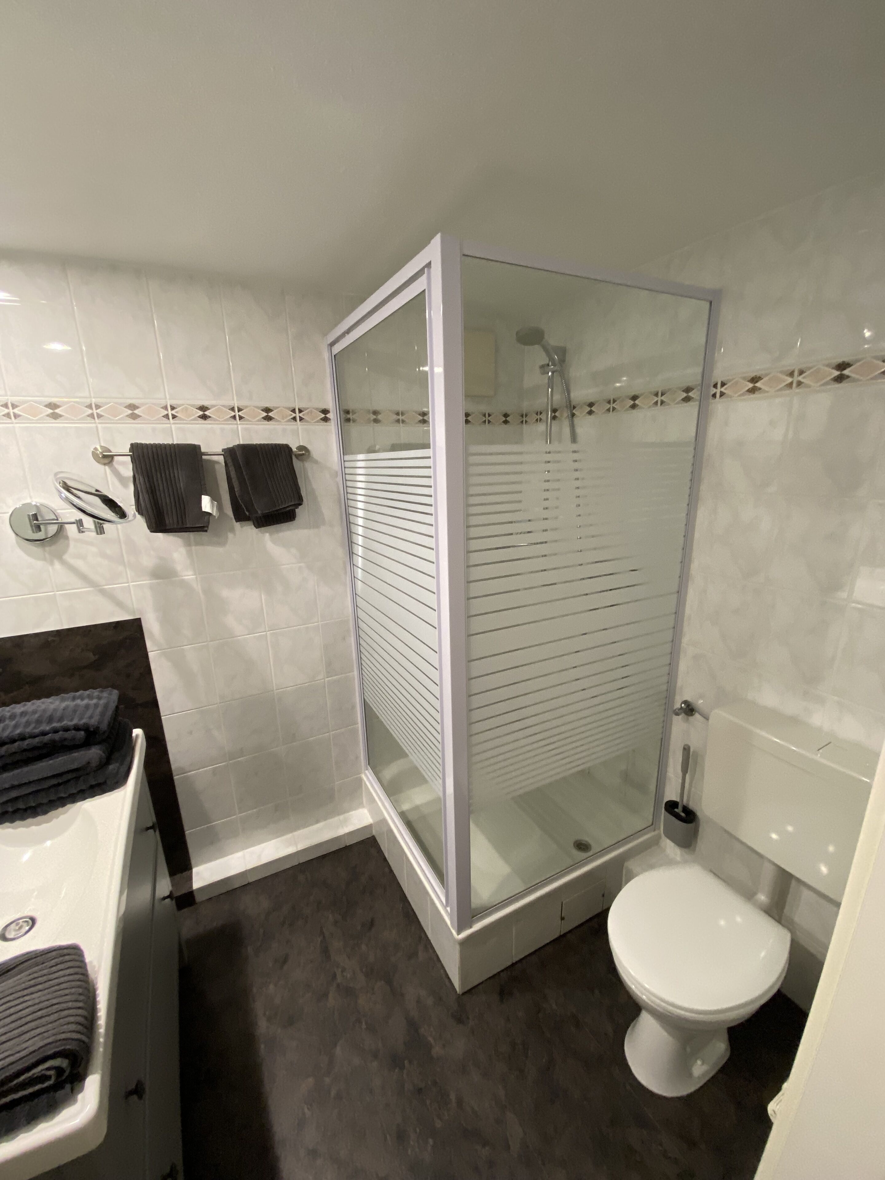 A modern bathroom with a glass-enclosed shower, a white toilet, and a sink with a mirror.