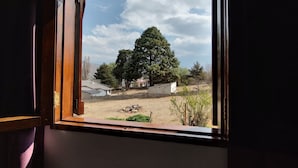 Vista desde una ventana de un paisaje rural con un árbol grande, un edificio pequeño blanco y un camino de tierra.