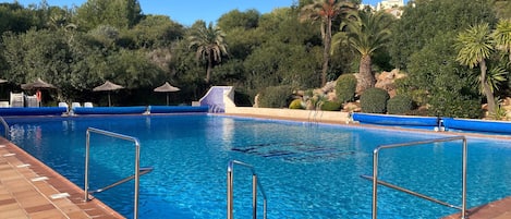 Una piscina con agua azul cristalina, rodeada por una terraza con baldosas y palmeras.