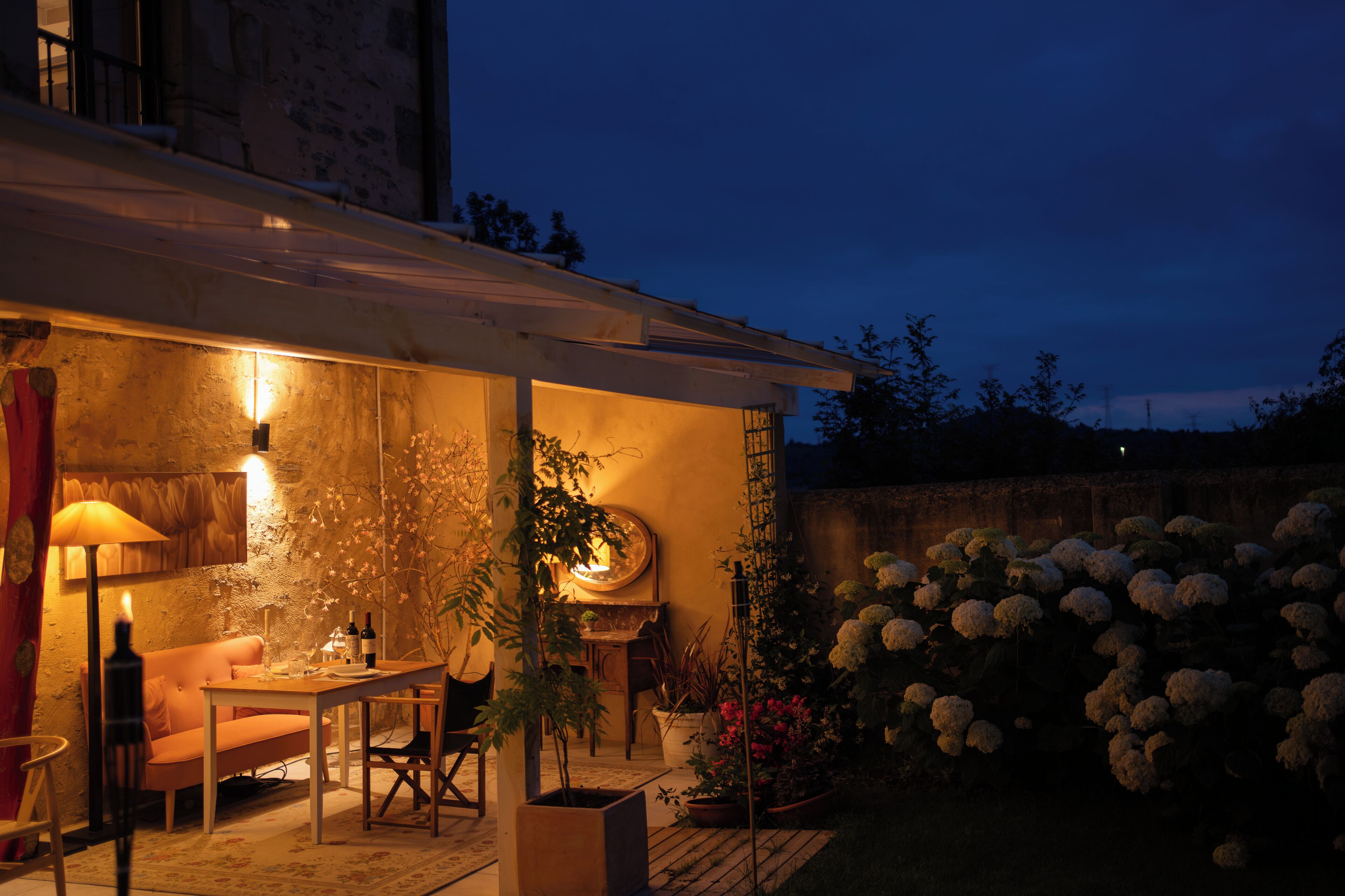 Un área de patio al aire libre con una mesa y sillas, rodeada de macetas con plantas y flores.