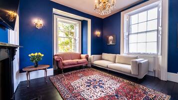 Smart TV, fireplace, books, music library