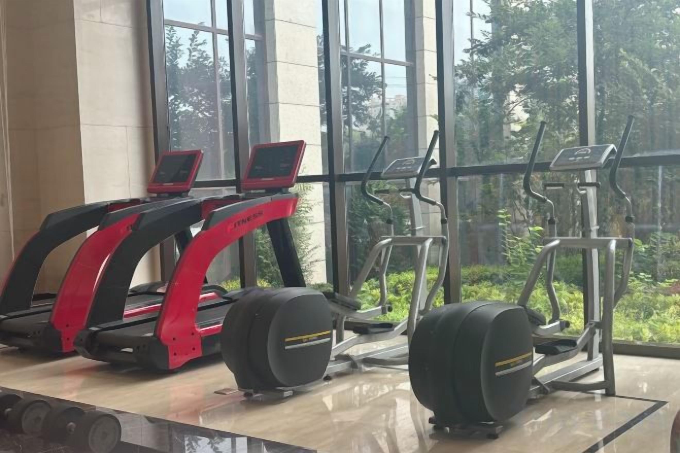 Un gimnasio con cintas de correr, elípticas y bicicletas estáticas.