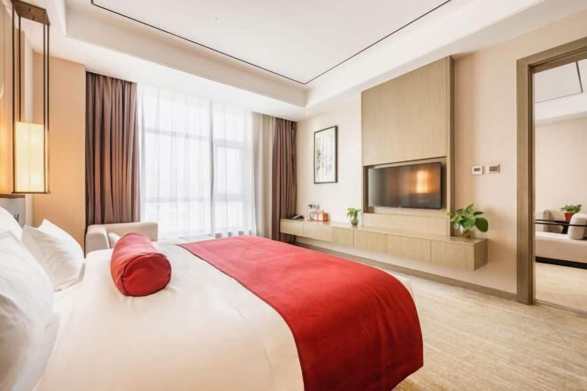 Habitación de hotel con una cama grande, un televisor fijado en la pared, una mesita de noche y una ventana con cortinas.