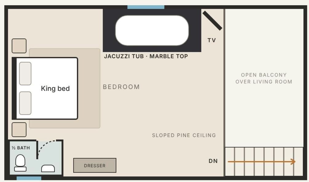 Un dormitorio con cama extragrande, televisor, bañera de hidromasaje con encimera de mármol y balcón abierto con vistas al salón.