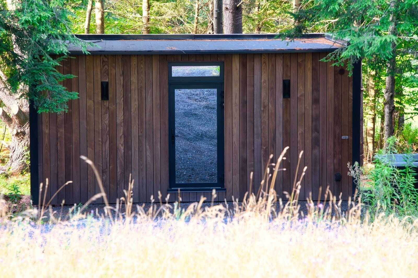 A wooden cabin with a large window and a door, surrounded by trees and tall grass.