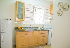 Een koelkast, een magnetron, een oven, een kookplaat