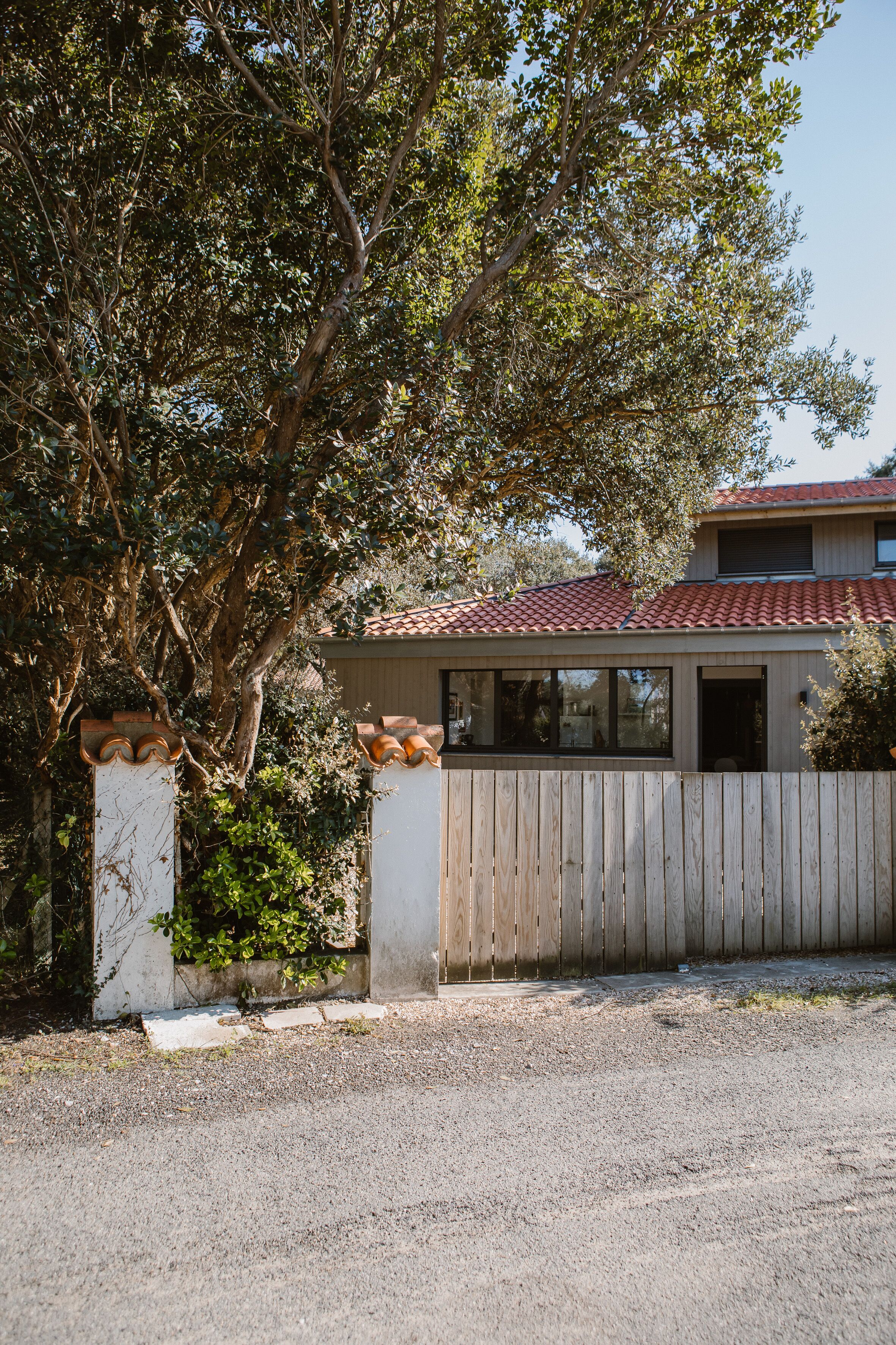 A house with a wooden fence, a tiled roof, and a large tree in front.