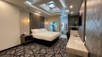 Desk, laptop workspace, blackout curtains, iron/ironing board