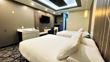 Desk, laptop workspace, blackout curtains, iron/ironing board