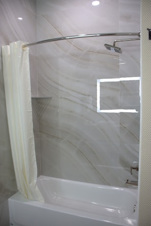 Rainfall showerhead, hair dryer, towels