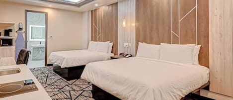 Desk, laptop workspace, blackout drapes, iron/ironing board