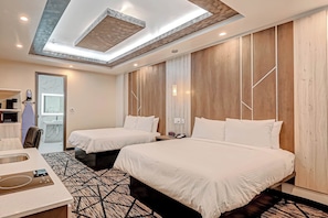 Desk, laptop workspace, blackout curtains, iron/ironing board