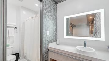 Rainfall showerhead, hair dryer, towels