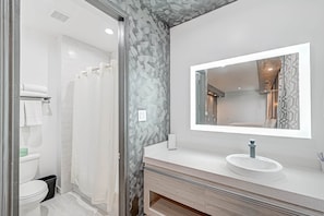Rainfall showerhead, hair dryer, towels