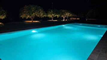 Seasonal outdoor pool, pool umbrellas, pool loungers