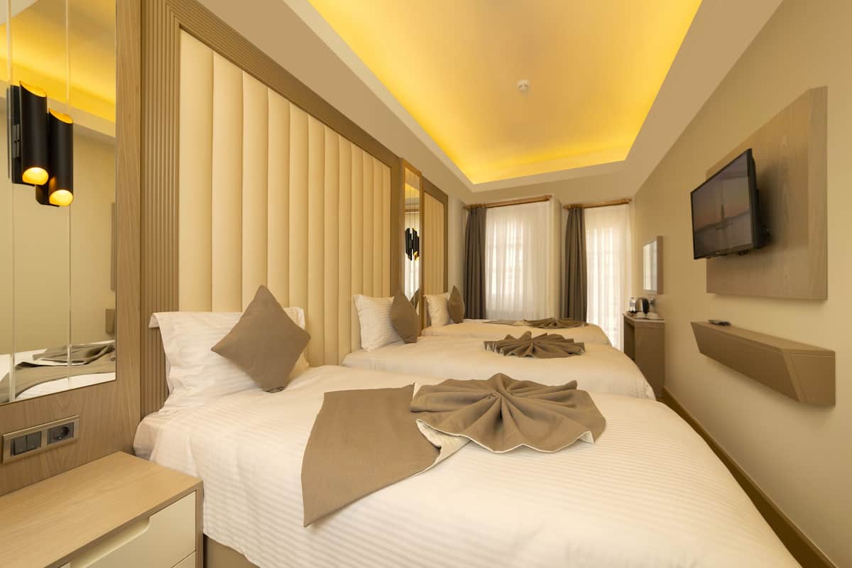 Habitación de hotel con dos camas, un televisor montado en la pared y un espejo sobre la cama.