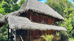 Une maison à deux étages, avec un toit de chaume, des balcons en bois et un escalier.