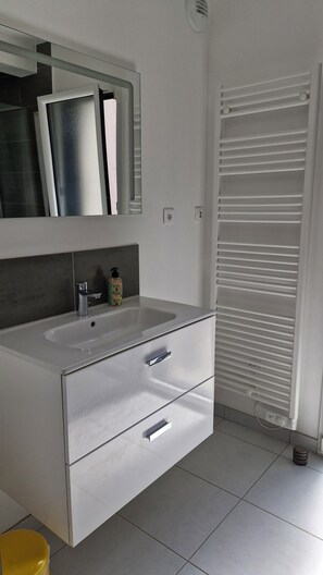 Regadera, secadora de cabello, toallas, papel de baño