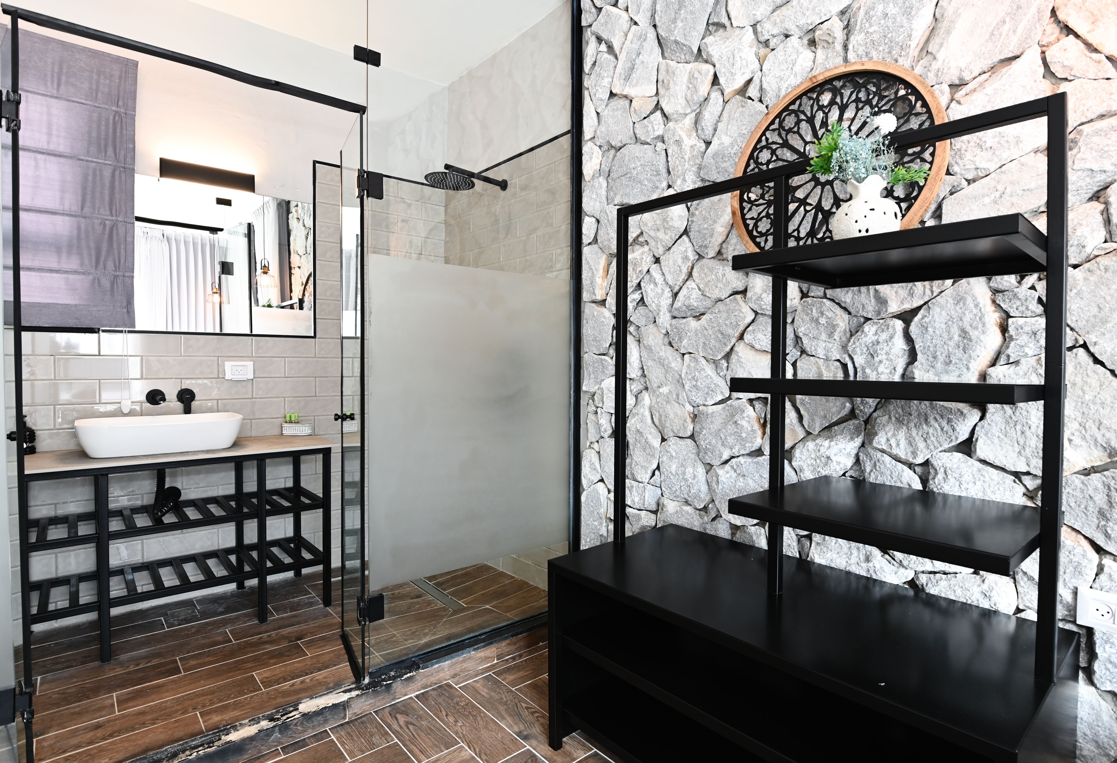 Shower, rainfall showerhead, hair dryer, bathrobes