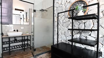 Shower, rainfall showerhead, hair dryer, bathrobes